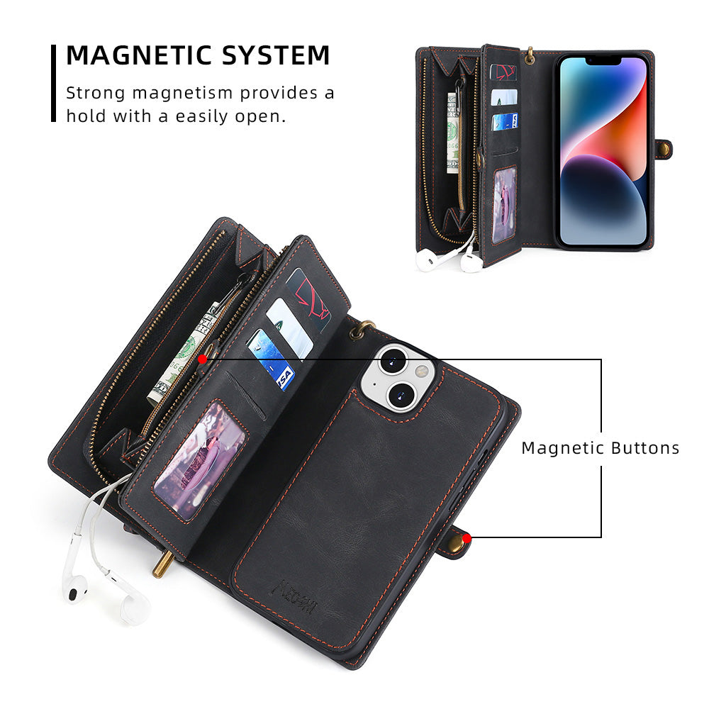 MEGSHI 017-serien til iPhone 14 Plus magnetisk absorptionslomme med lynlås aftageligt lædercover med praktisk rem MEGSHI 017-serien til iPhone 14 Plus magnetisk absorptionslomme med lynlås aftageligt lædercover med praktisk rem